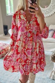 Red Floral Print High Waist V Neck Babydoll Mini Dress (size: (US 4-6)S)