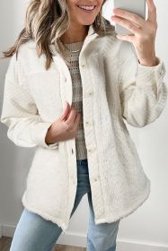 White Solid Color Quilted Sherpa Patchwork Button Up Shacket (size: (US 4-6)S)