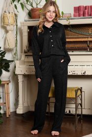 Black Ribbed Henley Shirt and Wide Leg Pants Loungewear Set (size: (US 4-6)S)
