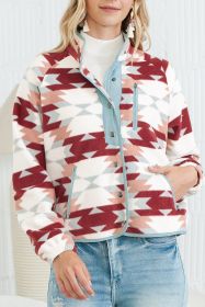 Red Geometric Snap Buttoned Zipper Pockets Fleece Jacket (size: (US 4-6)S)