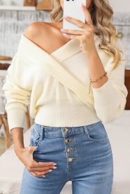 Beige Ribbed Long Sleeve Surplice Crop Sweater (size: (US 12-14)L)