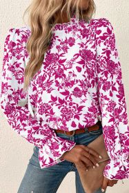 Rose Floral Print Flounce Sleeve Keyhole Back Blouse (size: (US 8-10)M)