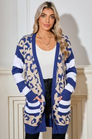 Dark Blue Stripe Sleeve Leopard Print Cardigan (size: (US 8-10)M)