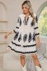 Beige Ethnic Print Notch V Neck Fringe Mini Dress