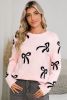 Light Pink Bow Print Long Sleeve Loose Fit Sweater