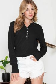Black Solid Color Waffle Knit Long Sleeve Henley Shirt (size: (US 12-14)L)