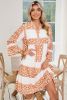 Orange Boho Geometric V-Neck Frill Tiered Mini Dress