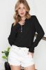 Black Solid Color Waffle Knit Long Sleeve Henley Shirt