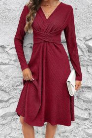 Burgundy Cross Wrap Long Sleeve Textured Dress (size: (US 8-10)M)