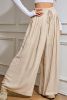 Beige Casual Lace-up Waist Pleated Wide Leg Pants