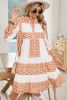 Orange Boho Geometric V-Neck Frill Tiered Mini Dress