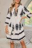 Beige Ethnic Print Notch V Neck Fringe Mini Dress
