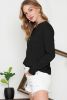 Black Solid Color Waffle Knit Long Sleeve Henley Shirt