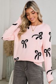 Light Pink Bow Print Long Sleeve Loose Fit Sweater (size: (US 4-6)S)