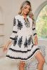 Beige Ethnic Print Notch V Neck Fringe Mini Dress