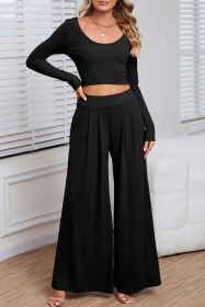 Black Plain Ribbed Crop Top & Wide Leg Pants Two Piece Pants Set (size: (US 4-6)S)
