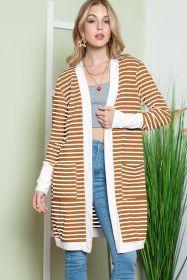 Brown Striped Side Pockets Open Front Long Cardigan (size: (US 12-14)L)