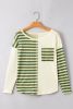 Khaki Striped Print Ribbed Color Block Long Sleeve Top