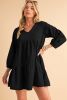 Black Puff Sleeve V Neck Tiered Ruffled Chambray Mini Dress