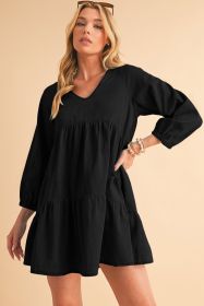 Black Puff Sleeve V Neck Tiered Ruffled Chambray Mini Dress (size: (US 4-6)S)