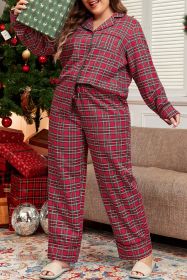 Red Plaid Print Shirt and Drawstring Pants Plus Size Pajama Set (size: (US 22W-24W)3X)