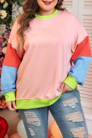 Light Pink Plus Size Colorblock Patchwork Crew Neck Sweatshirt (size: (US 22W-24W)3X)