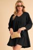 Black Puff Sleeve V Neck Tiered Ruffled Chambray Mini Dress