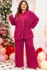 Rose Red Plus Size Ribbed Long Sleeve Shirt and Pants Pajama Set