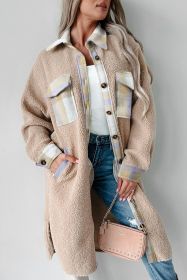 Smoke Gray Plaid Patchwork Collared Button-up Sherpa Long Coat (size: (US 12-14)L)