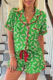 Green Christmas Candy Cane Print Ruffle Hem Pajama Set (size: (US 8-10)M)