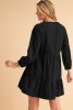 Black Puff Sleeve V Neck Tiered Ruffled Chambray Mini Dress