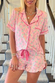 Pink Christmas Candy Cane Print Knotted Pajama Set (size: (US 8-10)M)