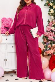 Rose Red Plus Size Ribbed Long Sleeve Shirt and Pants Pajama Set (size: (US 22W-24W)3X)