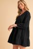 Black Puff Sleeve V Neck Tiered Ruffled Chambray Mini Dress