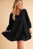 Black Puff Sleeve V Neck Tiered Ruffled Chambray Mini Dress