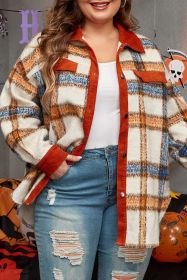Brown Stripe Plus Size Plaid Print Collared Buttoned Jacket (size: (US 22W-24W)3X)