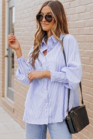 Light Blue Casual Striped Shirred Cuffs Shirt (size: (US 12-14)L)