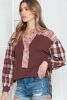 Red Floral Plaid Mixed Patchwork Bishop Sleeve Top