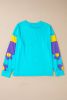Sky Blue Floral Color Block Long Sleeve Top
