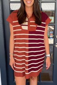 Brown Stripe Color Block Short Sleeve Quarter Zip Mini Dress (size: (US 8-10)M)