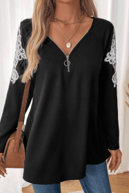 Black Lace Applique Zipper V Neck Long Sleeve Top (size: (US 4-6)S)
