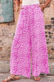 Bright Pink Boho Leopard Print Wide Leg Pants (size: (US 4-6)S)