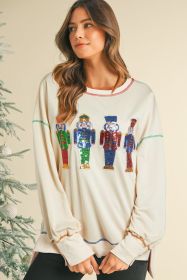 White Sequin Christmas Nutcracker Round Neck Sweatshirt (size: (US 12-14)L)