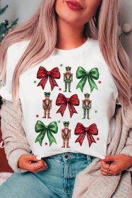 White Bowknot Nutcracker Printed Crewneck Christmas T Shirt (size: (US 12-14)L)