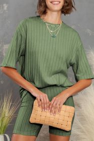 Green Ribbed Knit Drop Shoulder T Shirt & Shorts Two Piece Shorts Sets (size: (US 4-6)S)