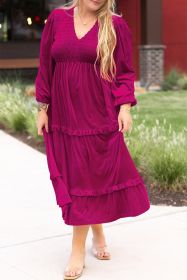 Rose Red Smocked V Neck Tiered Ruffle Velvet Plus Size Maxi Dress (size: (US 22W-24W)3X)