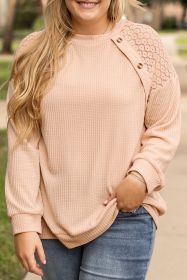 Beige Plus Size Lace Patchwork Buttons Waffle Knit Top (size: (US 22W-24W)3X)