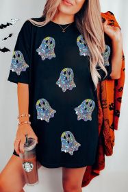 Black Glitter Cute Ghost Graphic Crewneck Loose Halloween T Shirt (size: (US 8-10)M)
