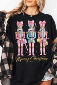 Black Nutcracker Merry Christmas Print Crewneck T Shirt (size: (US 12-14)L)