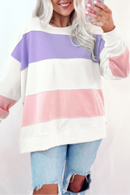 Beige Colorblock Patchwork Drop Shoulder Crewneck Sweatshirt (size: (US 4-6)S)
